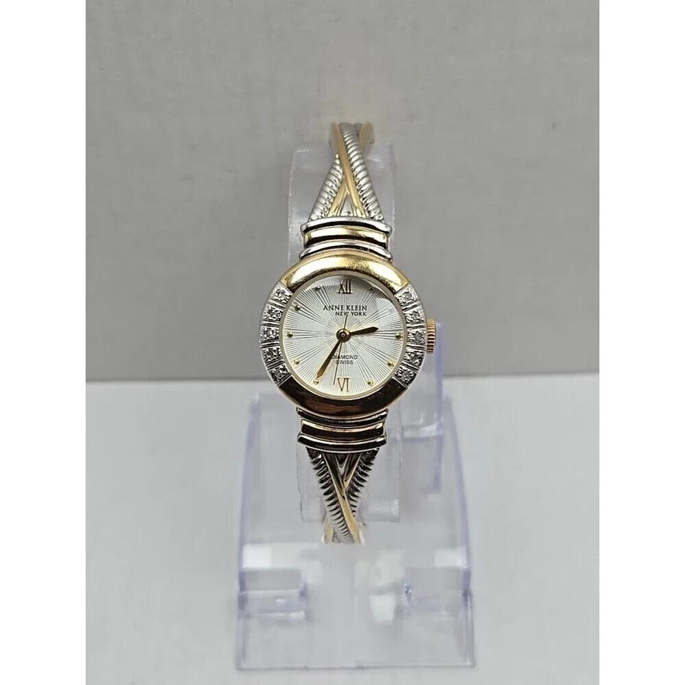 Anne Klein Diamond Swiss Vintage Quartz Two Tone Bangle Watch New Battery 763S